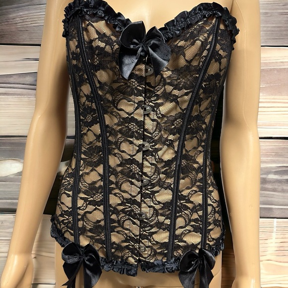 Corset Black Lace Overlay Bustier Top Sexy Steel Boned Body Shaper Womens Medium - Picture 6 of 14